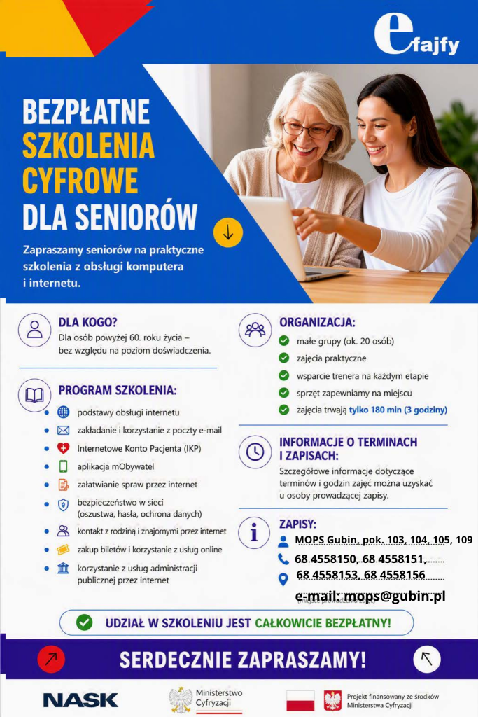 zapisy na bezpłatne szkolenia cyfrowe w MOPS Gubin pod nr tel. 68 4558150, 68 4558151, 68 4558153, 68 4558156