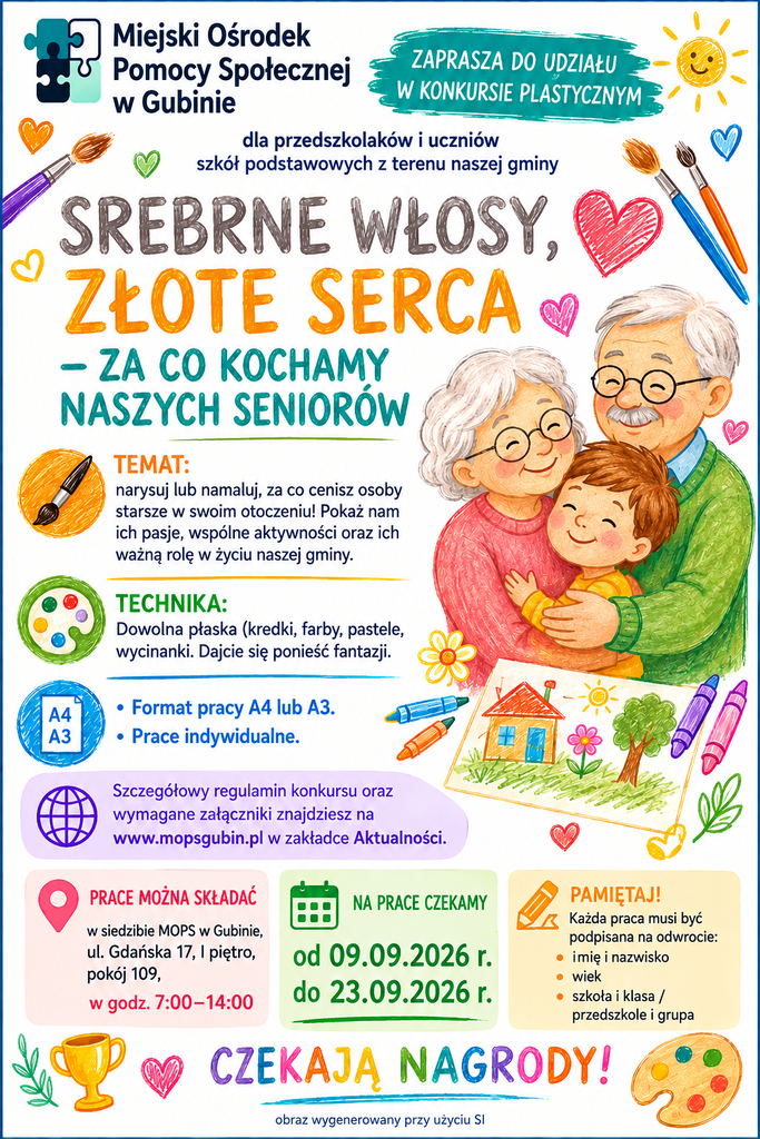 konkurs plastyczny za co cenisz osoby starsze w swoim otoczeniu, składanie prac od 9.09 do 23.09 w MOPS pok. 109, w godz. 7-14, technika prac dowolna płaska